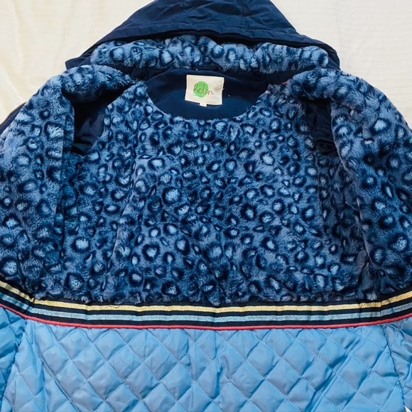 Boden Navy Cozy Parka Jacket with Cheatah Print Faux Fur Size 13-14 years - Picture 6 of 8